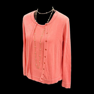 August Silk Twin Set Cardigan & Shell Top L Coral Pink Silk Blend Coquette Soft